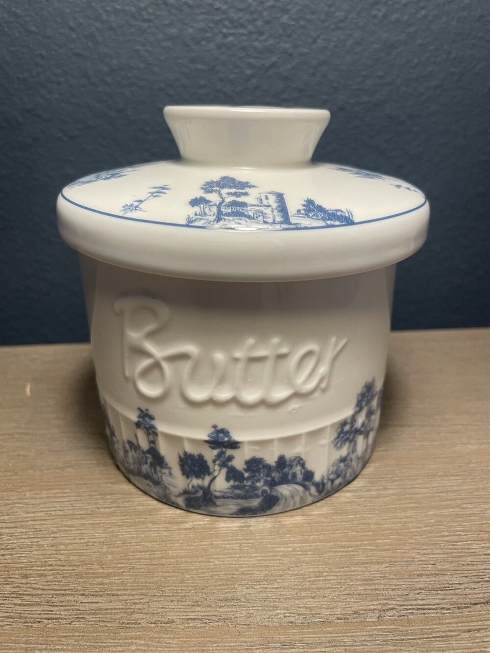 Blue White Toile French Butter Crock Keeper Ceramic Embossed Butter Dish